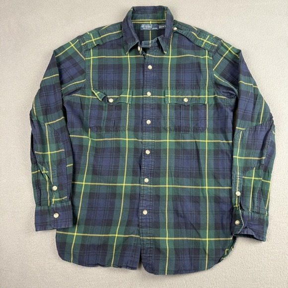 Polo Ralph Lauren Shirt Mens Medium Green Blue Tartan Plaid Flannel Button Up - Picture 2 of 8